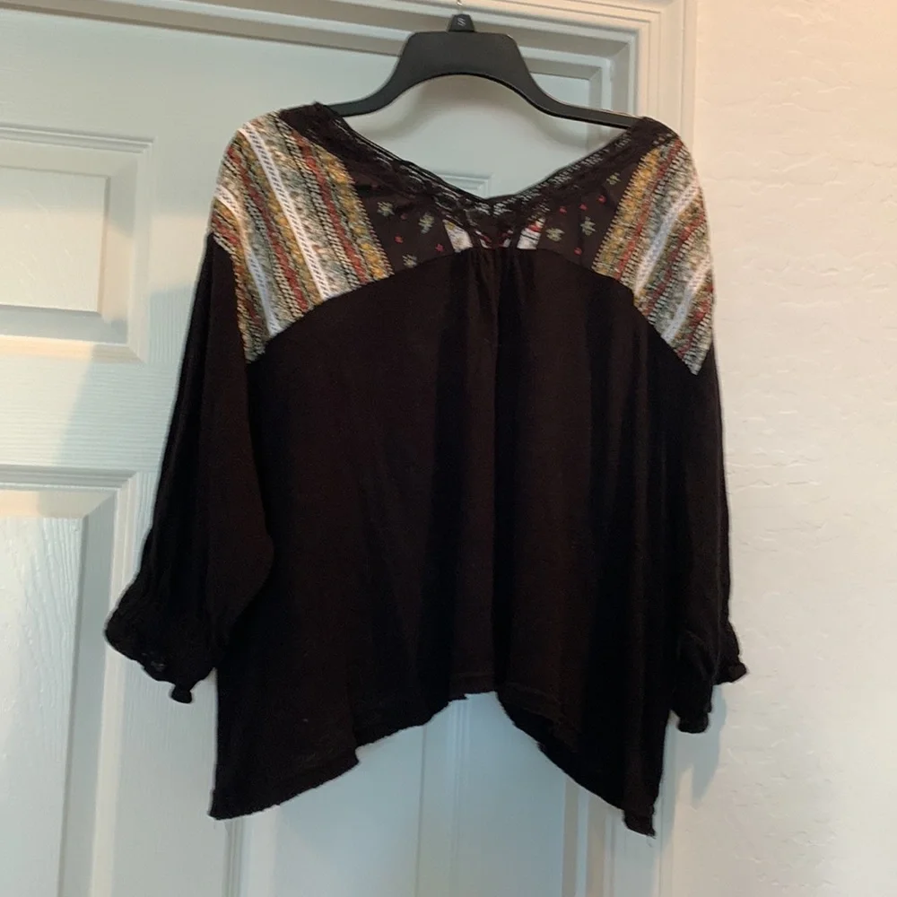 Free People Boho Prairie Days Printed Lace-Trim Linen Blend Blouse size small